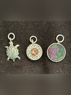 Silver Turtle, Crystal Disc & Floral Charm Bracelet Set - Silver